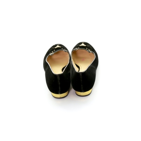 Charlotte Olympia Kitty Black Velvet Gold Embroidered Flats 9M / 39 EU Whimsical - Picture 4 of 9